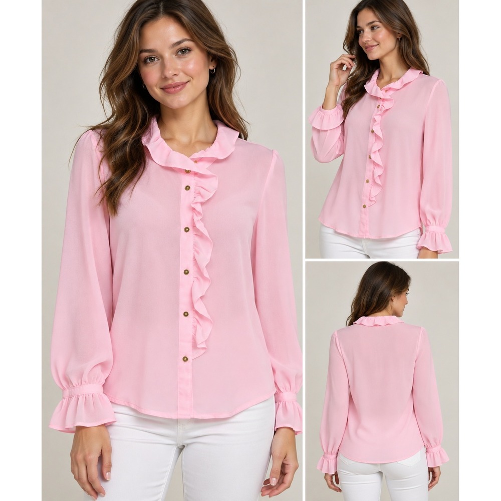 J.Crew Pink Ruffle Front Button Up Blouse Long Sleeve Smocked Cuff Top Size 8